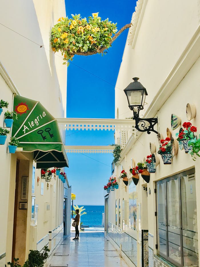 The Art of Drawing Readers In: Your attractive post title goes here Bright alley in Torremolinos, Spain featuring vibrant flowers and Mediterranean decor.